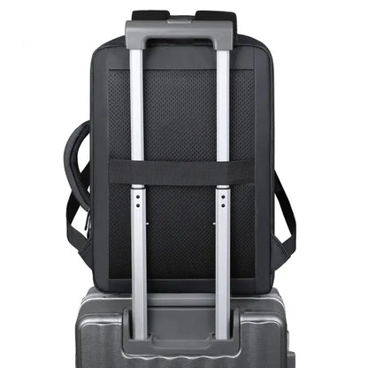 Ergonomic Men's Laptop Travel Backpack with USB Charging, slides onto Suitcase