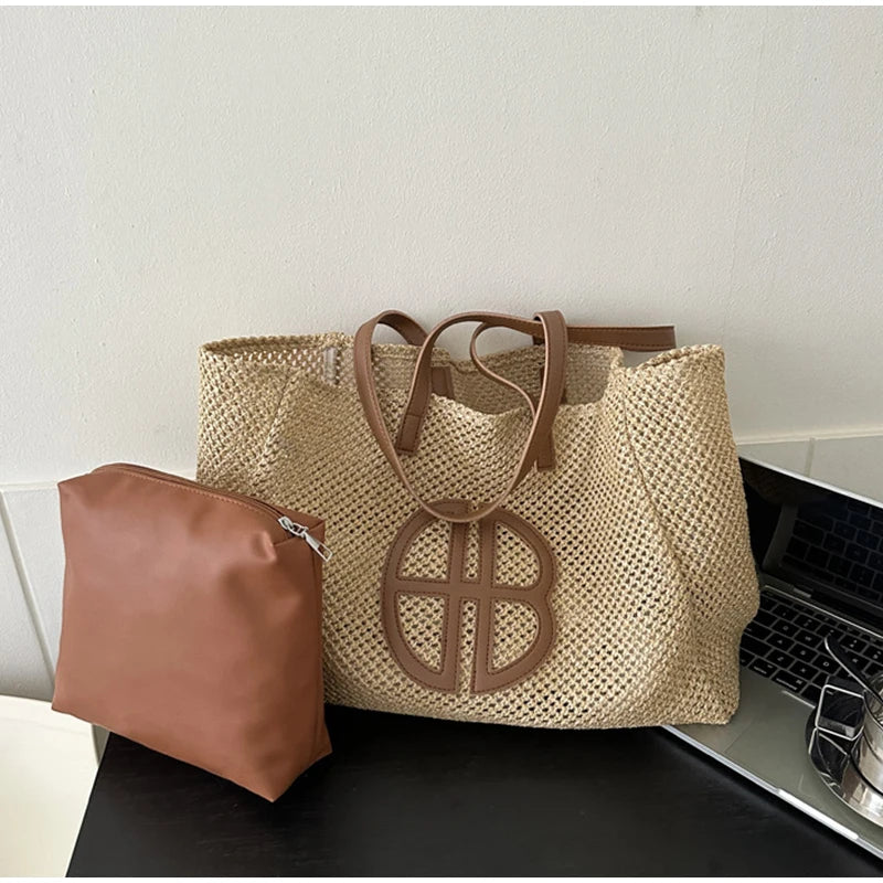 Bohemian Chic Raffia Beach Tote with Makeup Coin Pouch