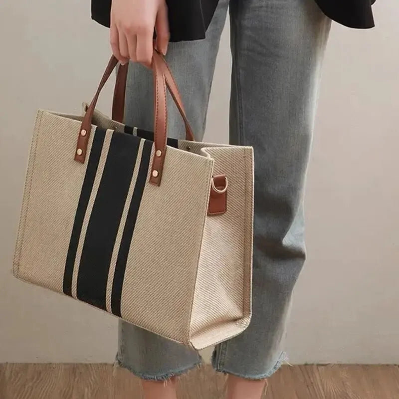 Casual Canvas Stripe Tote Bag – Versatile High-Capacity Crossbody for Everyday Use