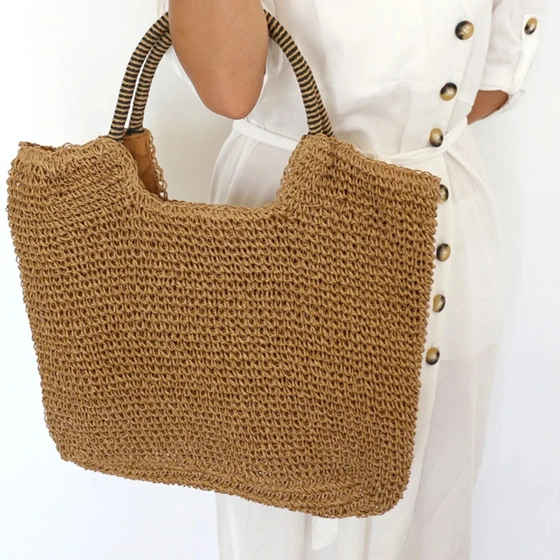 Vintage Boho Handbag Large Capacity Beach Handmade Knitted Totes Bohemian Straw Bag for Women Summer Travel Shoulder Bag