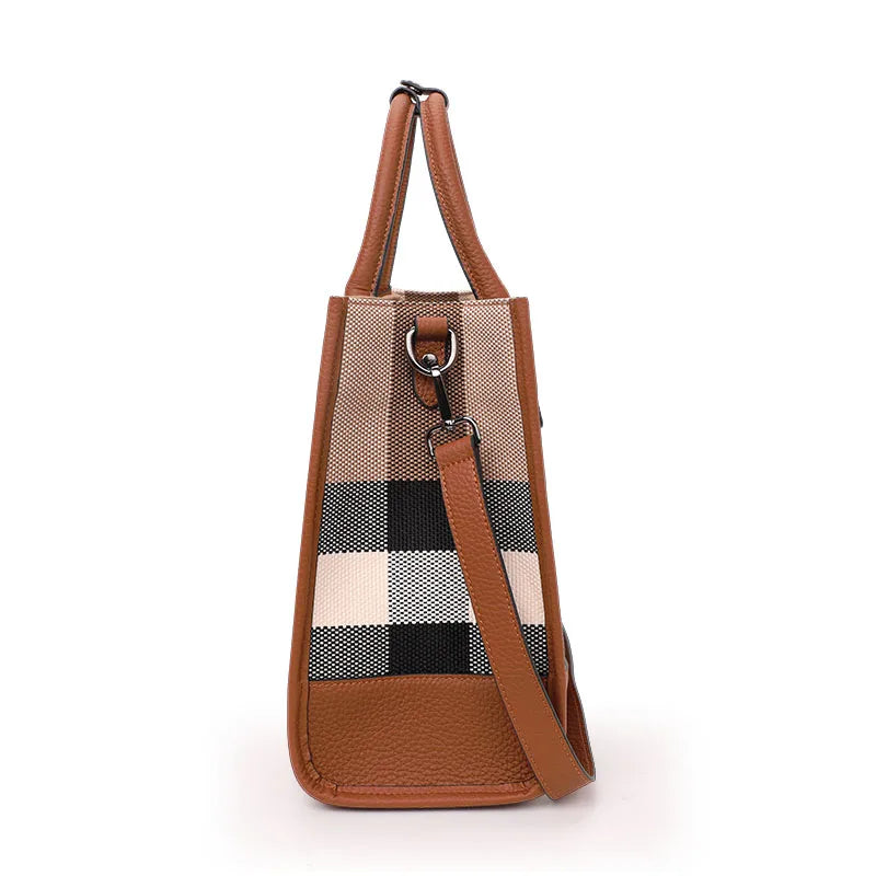 Aidrani Plaid Canvas Handbag – Classic Large-Capacity Cowhide Shoulder & Crossbody Bag for Women