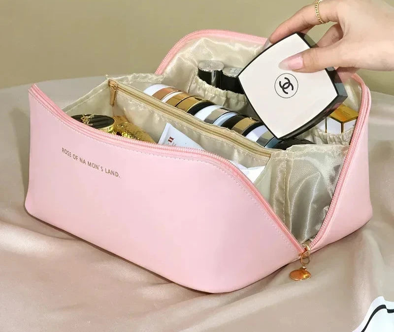 Large Travel Cosmetic Bag for Women Leather Makeup Organizer: Travel Essentials Designer Look