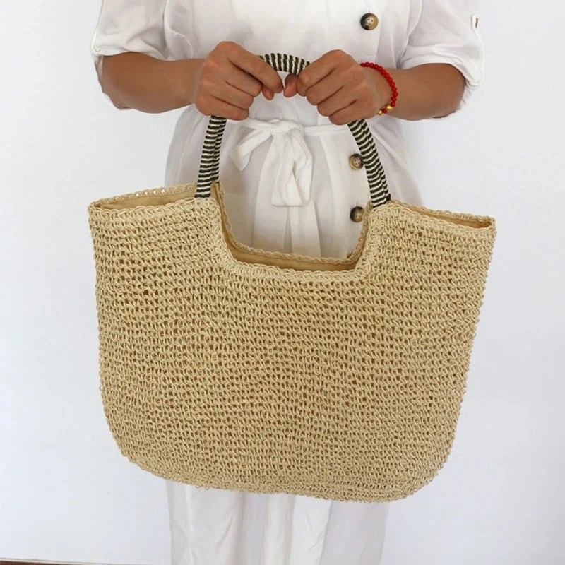 Vintage Boho Handbag Large Capacity Beach Handmade Knitted Totes Bohemian Straw Bag for Women Summer Travel Shoulder Bag