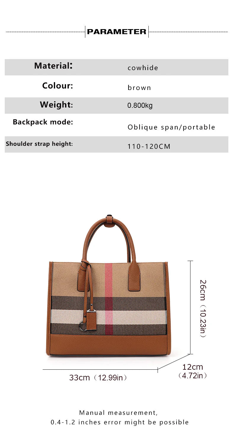 Aidrani Plaid Canvas Handbag – Classic Large-Capacity Cowhide Shoulder & Crossbody Bag for Women