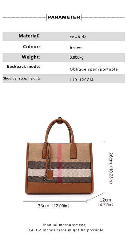 Aidrani Plaid Canvas Handbag – Classic Large-Capacity Cowhide Shoulder & Crossbody Bag for Women