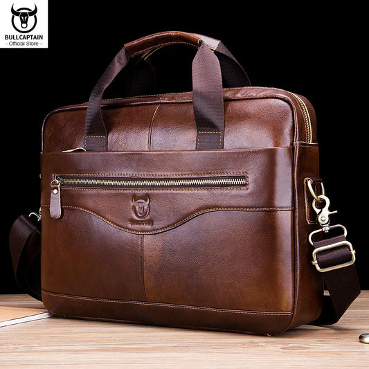 Travel in Style: BULLCAPTAIN Genuine Leather Briefcase for Men - 14-inch Laptop Shoulder Messenger Bag