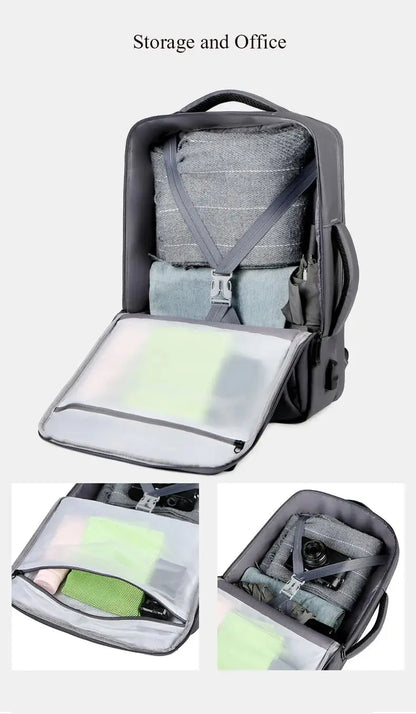 Ergonomic Men's Laptop Travel Backpack with USB Charging, slides onto Suitcase