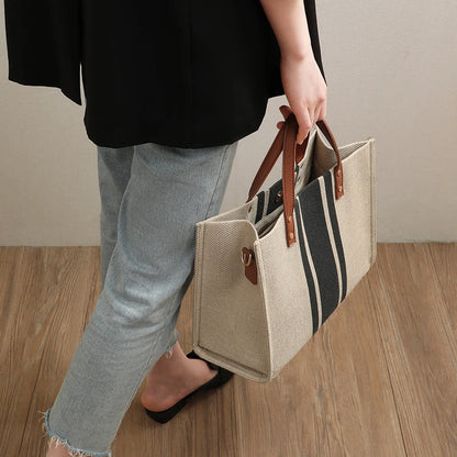 Casual Canvas Stripe Tote Bag – Versatile High-Capacity Crossbody for Everyday Use