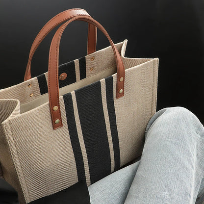 Casual Canvas Stripe Tote Bag – Versatile High-Capacity Crossbody for Everyday Use