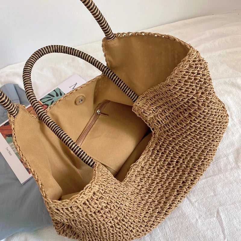 Vintage Boho Handbag Large Capacity Beach Handmade Knitted Totes Bohemian Straw Bag for Women Summer Travel Shoulder Bag