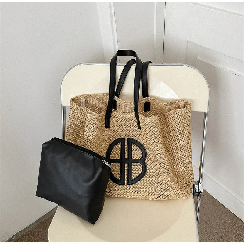 Bohemian Chic Raffia Beach Tote with Makeup Coin Pouch