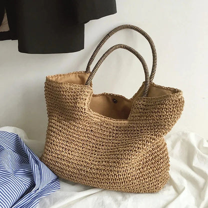 Vintage Boho Handbag Large Capacity Beach Handmade Knitted Totes Bohemian Straw Bag for Women Summer Travel Shoulder Bag