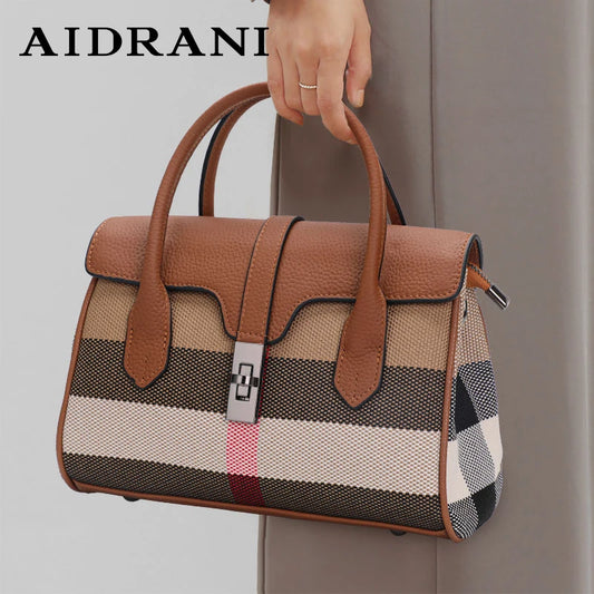 Aidrani Retro Checkered Country Club Handbag – Large Capacity Luxury Canvas & Leather Handbag